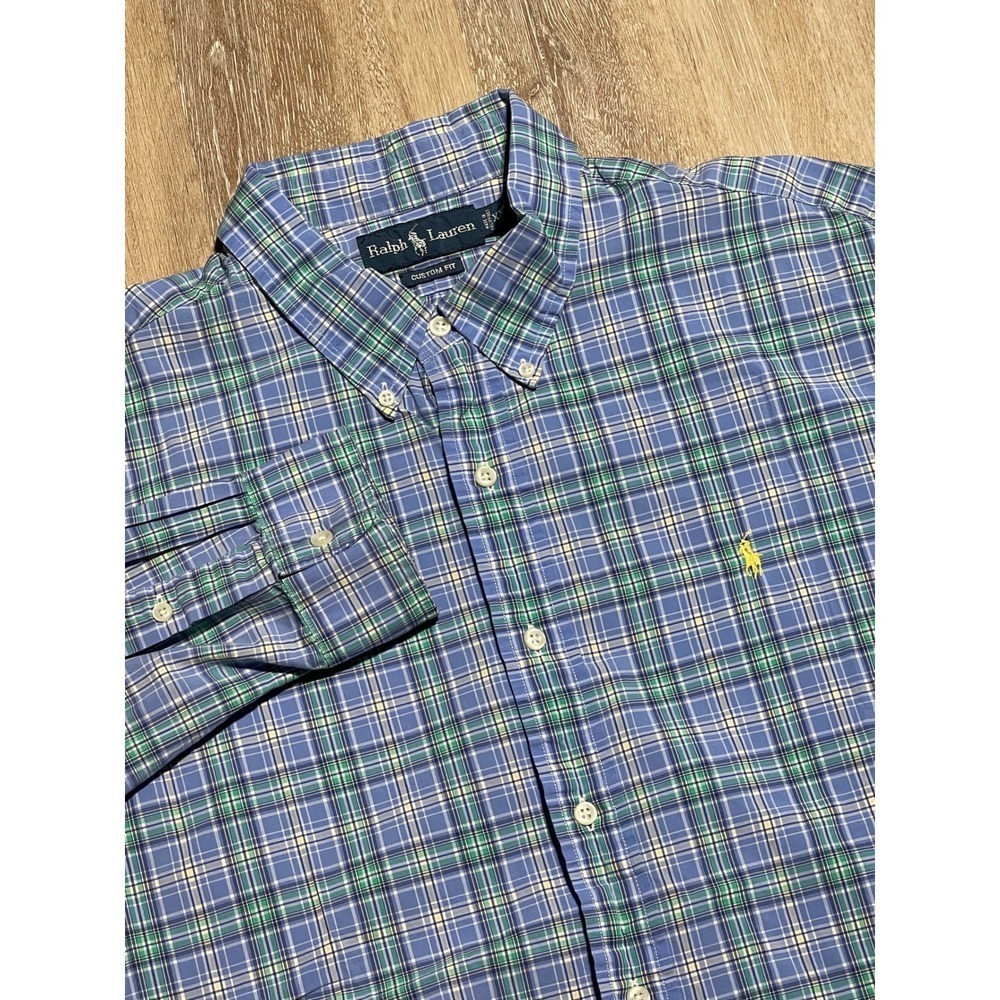 Ralph Lauren Custom Fit Blue Green Plaid Button Down Shirt XXL Menswear EUC